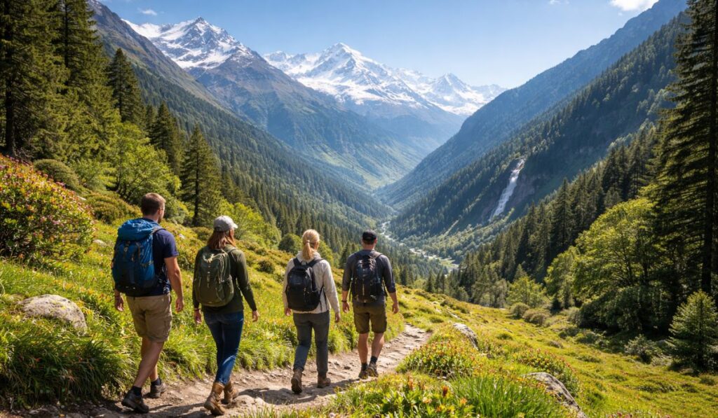 Foreign tourists hiking in the Indian Himalayas under clear blue sky and pleasant summer weather.