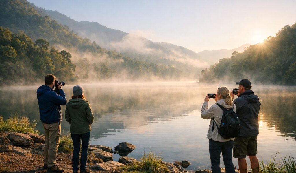 Foreign tourists taking photos near a misty lake in India during cool winter morning