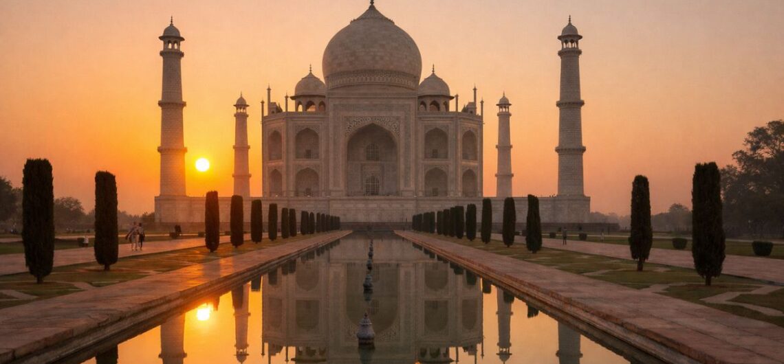 Taj Mahal at sunrise with soft golden light and peaceful surroundings