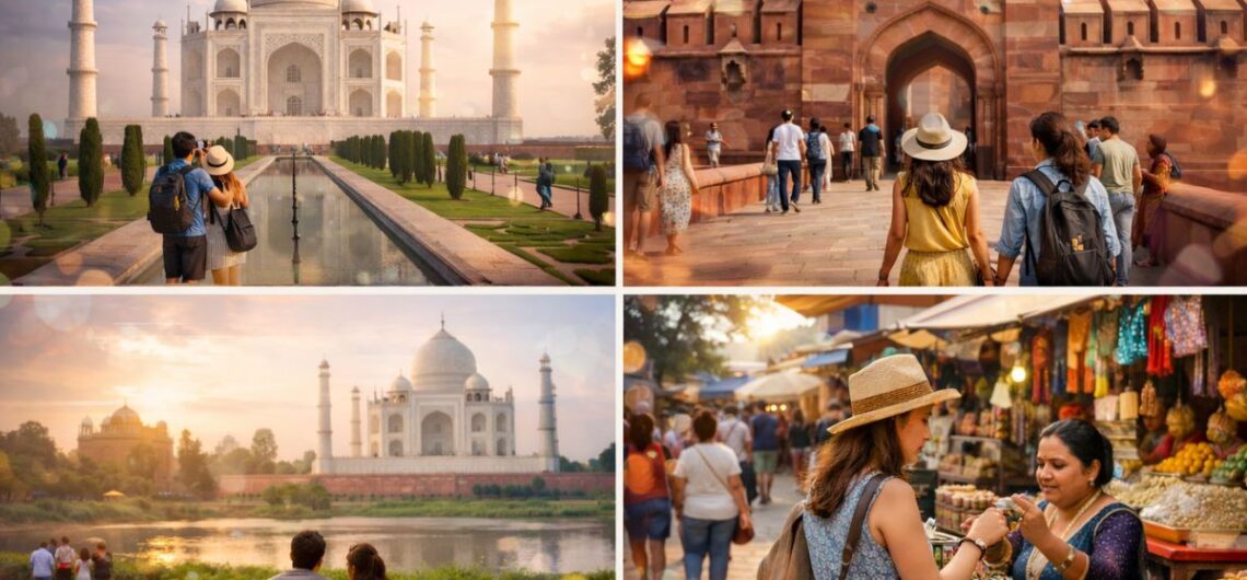 Collage showing the Taj Mahal, Agra Fort entrance, peaceful river view, and a local market experience during a one day visit to Agra