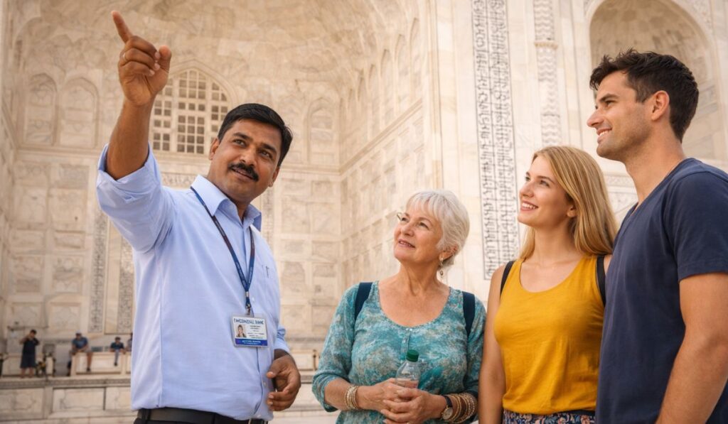 taj mahal tour guide explaining history
