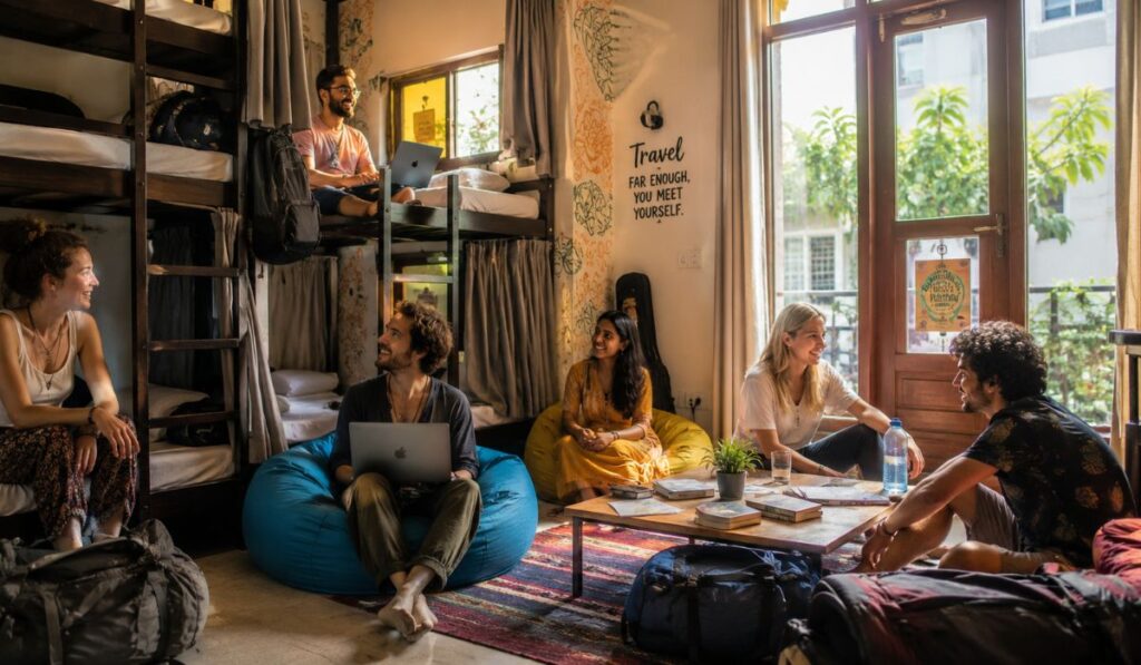 Affordable backpacker hostel in India featuring clean bunk beds, international and Indian travelers socializing, laptops, backpacks, and a cozy common area.