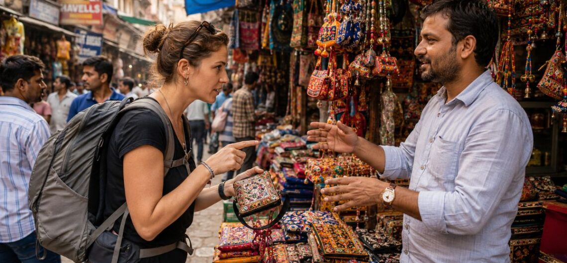 Foreign tourist bargaining with a local shopkeeper in a colorful Indian street market
