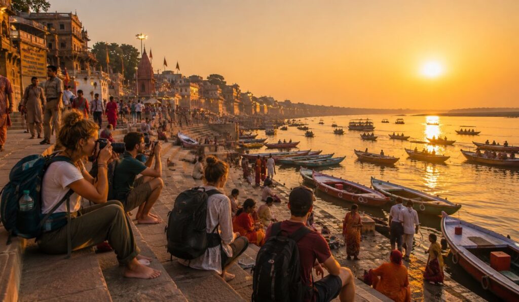 Budget travelers enjoying sunset at Varanasi ghats with colorful boats on the Ganges River, backpackers taking photos, and vibrant Indian cultural heritage.