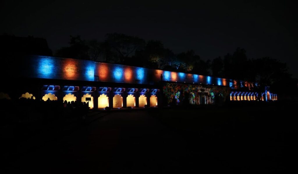 Colorful lighting effects at the Agra Fort Night Show in Agra