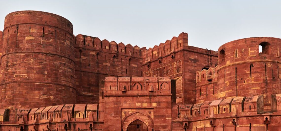 Exterior view of Agra Fort red sandstone walls and entrance