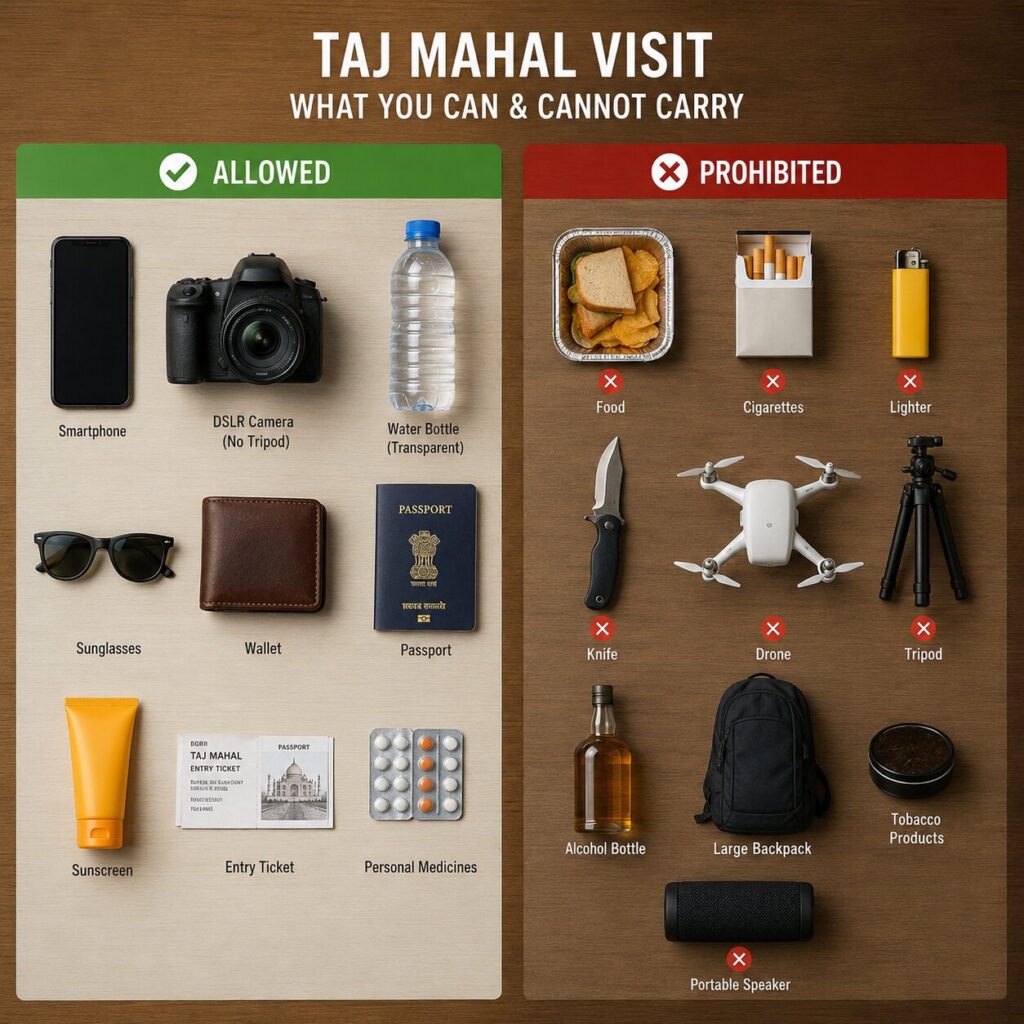 Essential items allowed inside the Taj Mahal including transparent water bottle, camera, phone, passport, ticket and small bag