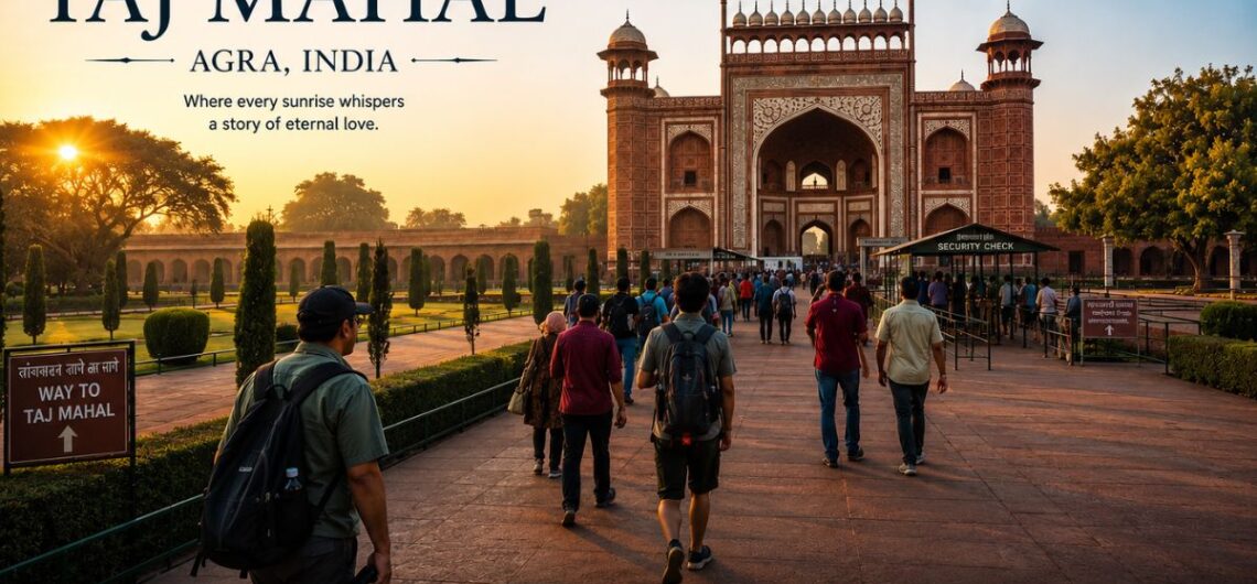Visitors entering the Taj Mahal through the main entrance gate in Agra India during the morning