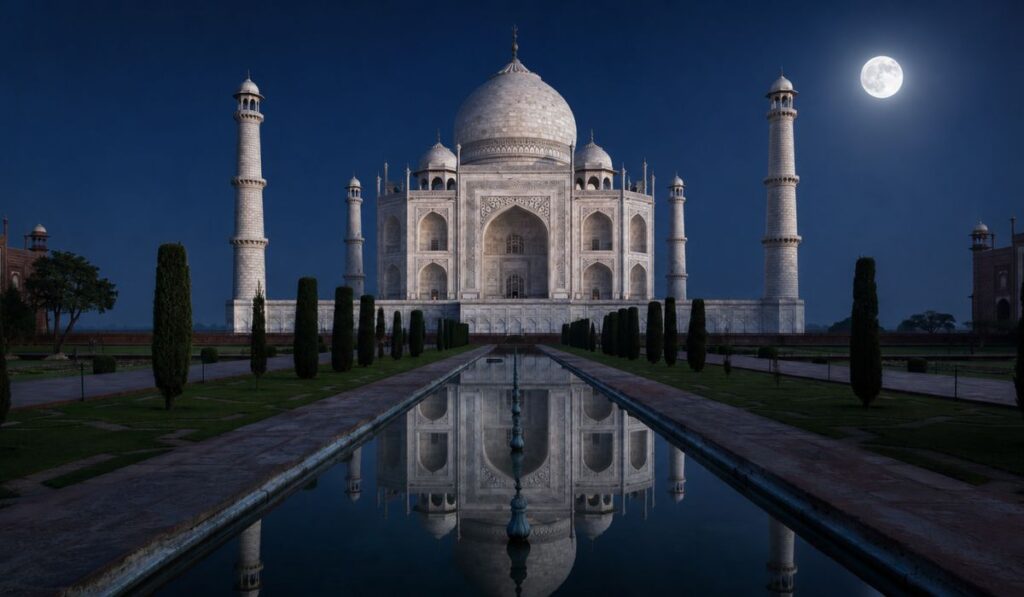 Taj Mahal illuminated under the full moon during official moonlight viewing in Agra