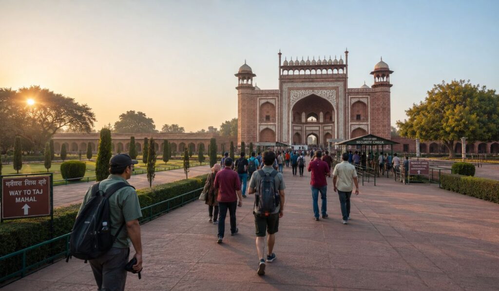 Tourists walking toward the Taj Mahal entrance during the early morning opening hours