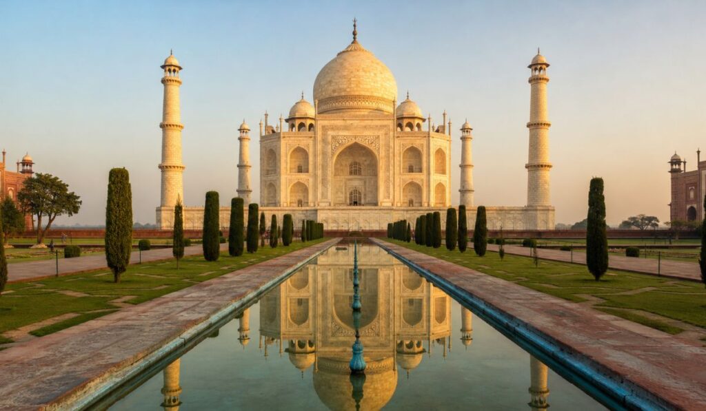 Taj Mahal at sunrise with reflection pool showing the best time to visit in Agra India