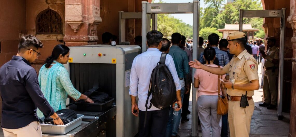 couple-security-check.jpg International tourists wearing the correct dress code walking toward the Taj Mahal security checkpoint with tickets and water bottle