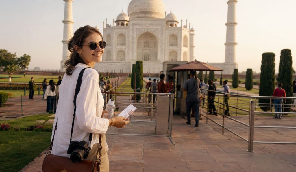 International tourist carrying a DSLR camera, sling bag, transparent water bottle and entry ticket while walking to the Taj Mahal