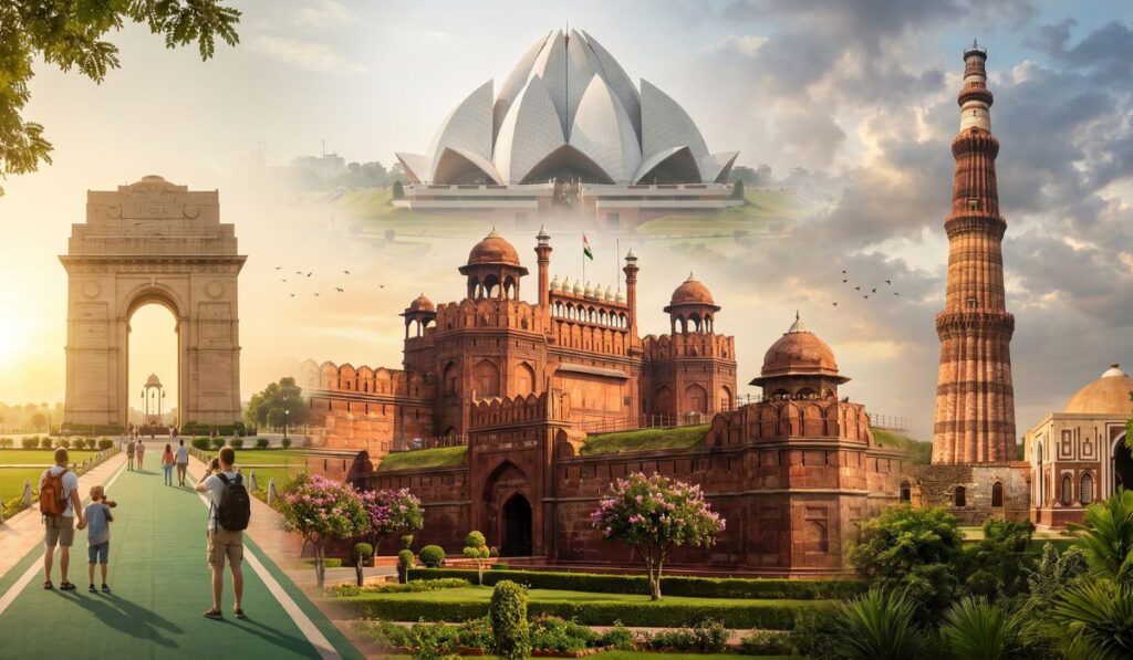 Best Places to Visit in Delhi featuring Red Fort, India Gate, Qutub Minar, and Lotus Temple in a travel collage