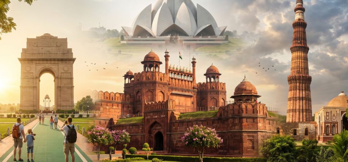 Best Places to Visit in Delhi featuring Red Fort, India Gate, Qutub Minar, and Lotus Temple in a travel collage