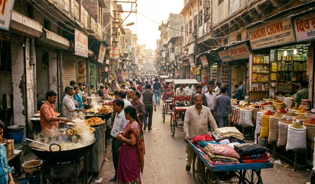 Chandni Chowk street market in Old Delhi with local food stalls, traditional shops, and bustling market atmosphere