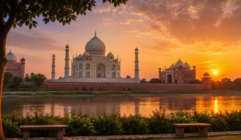 Mehtab Bagh Taj Mahal photography showing wide landscape across the Yamuna River at golden hour.