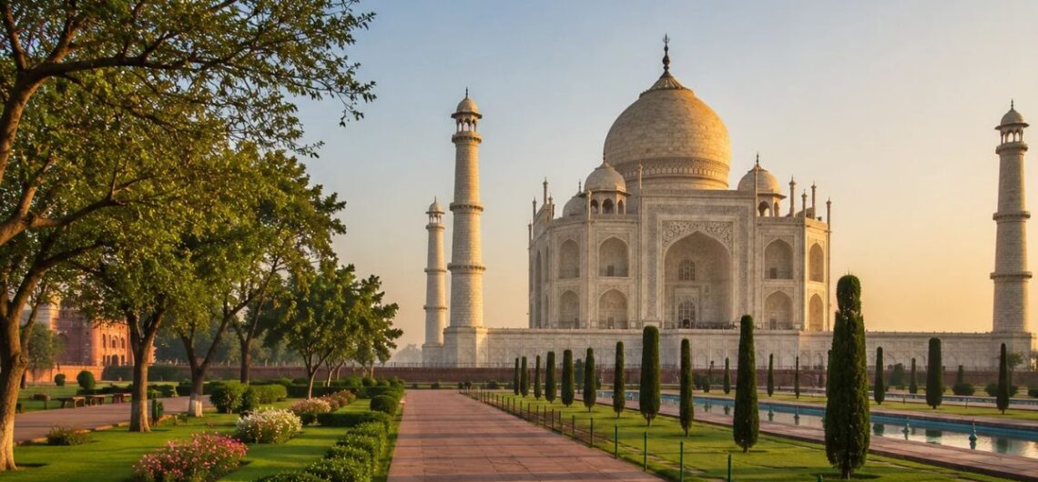 Clean Taj Mahal photo captured early morning without background crowd congestion.